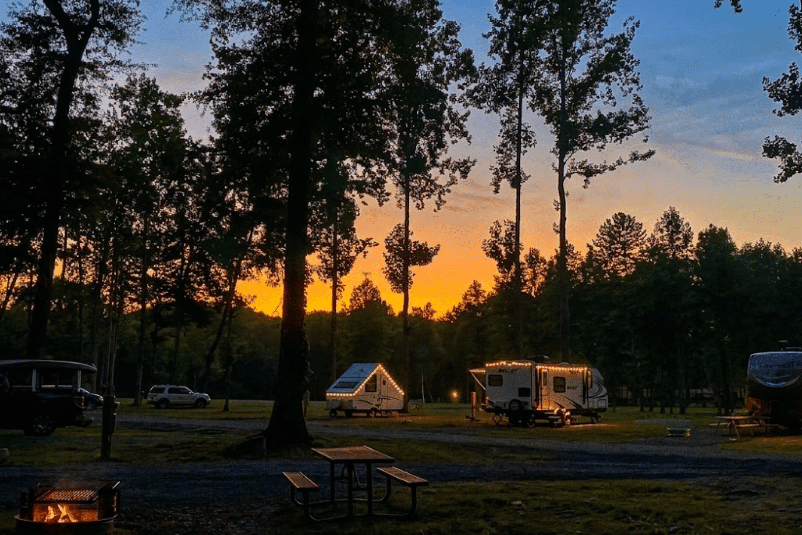 Aerial view of pull-through and RV sites at 411 River Rest Campground