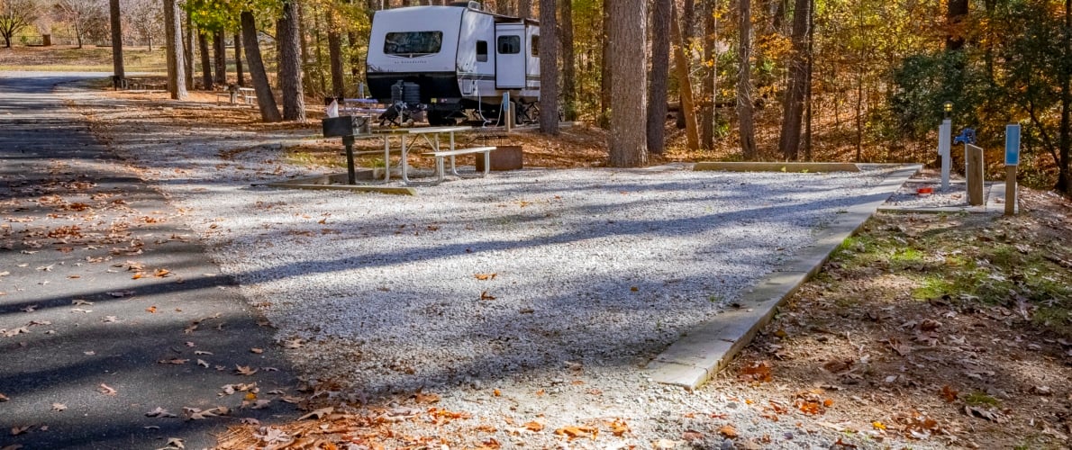 Wooded RV campsites at Stone Mountain Park Campground overlooking the natural surroundings.