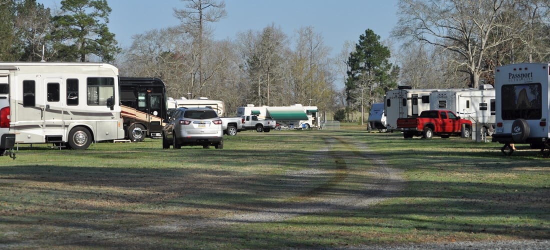 Pull-through RV sites in B Row at Americus KOA Journey