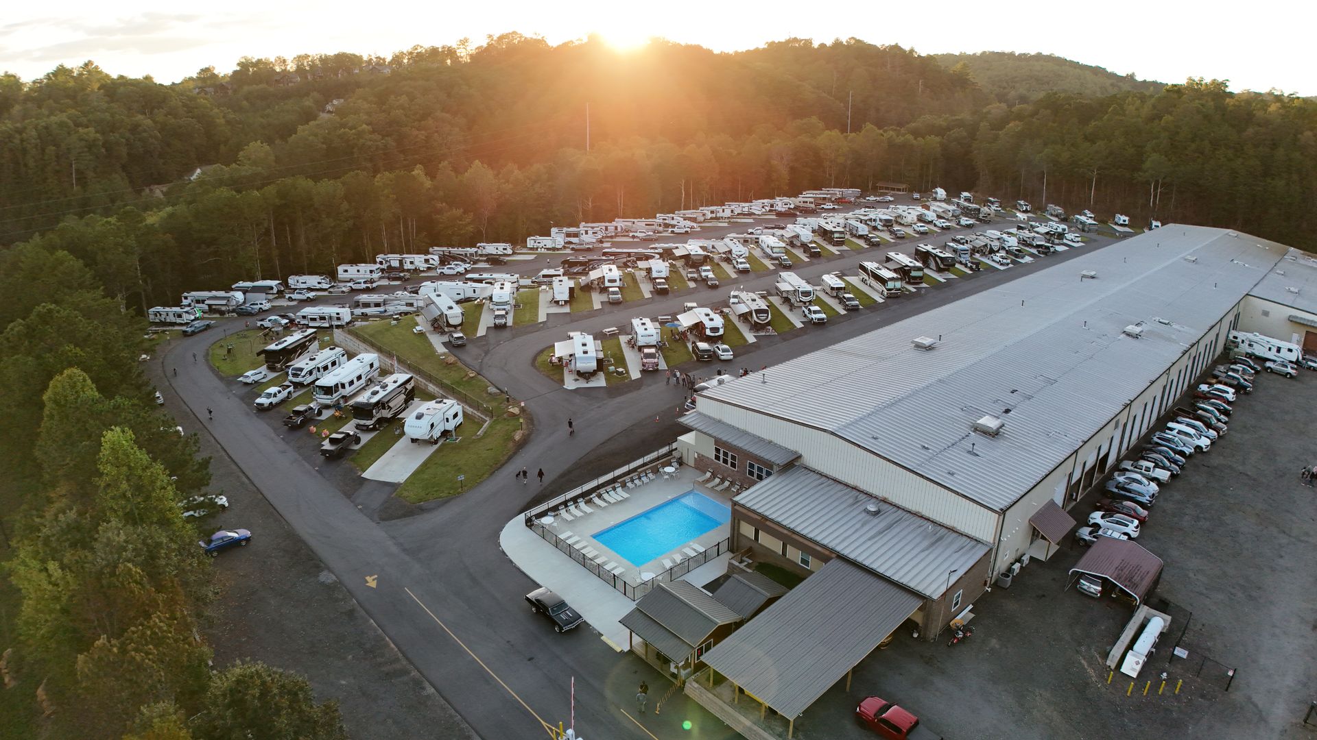 Evening aerial view of Apple Country RV Resort
