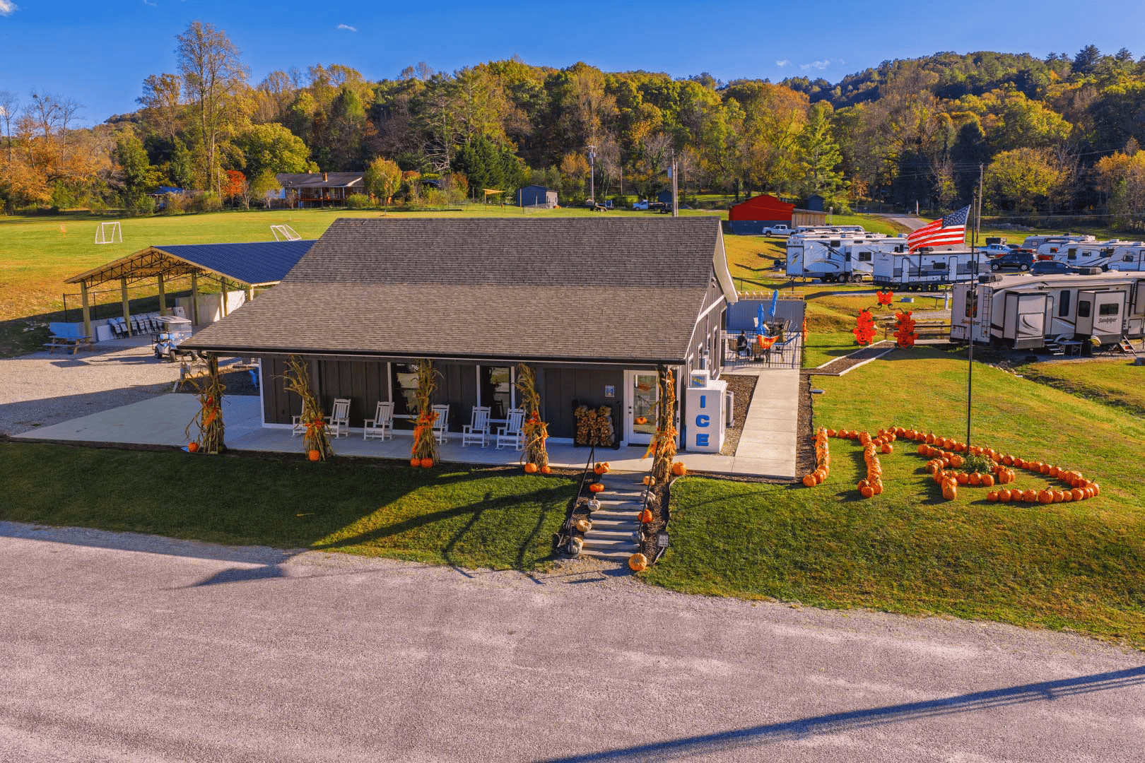 Creekside RV sites beside Hemptown Creek at Blue Ridge RV Resort.