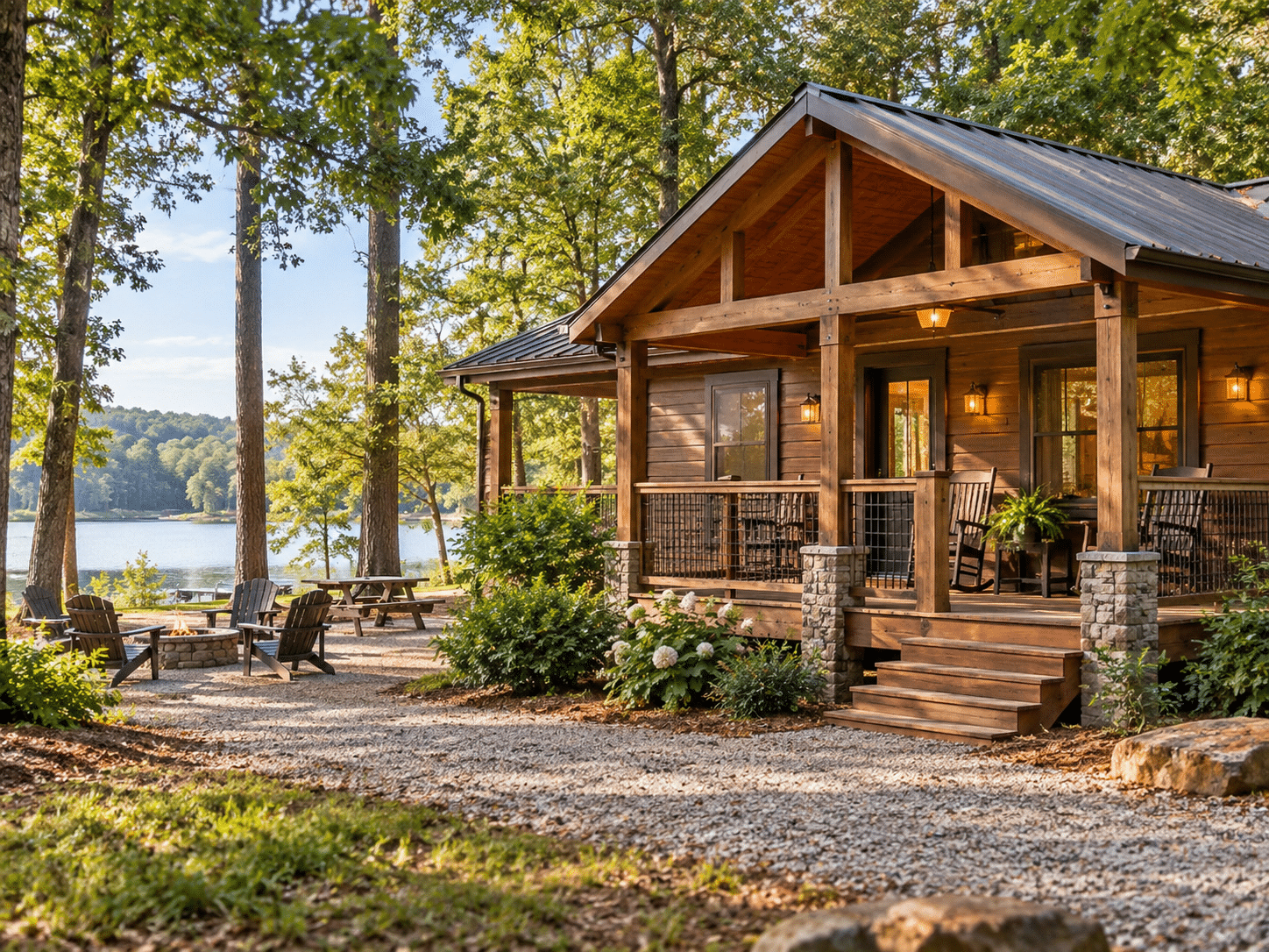 A cozy campground cabin surrounded by trees