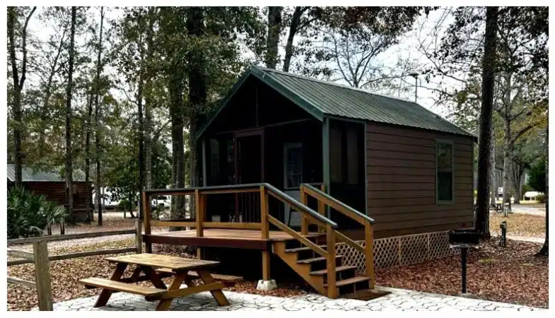 Wooden cabin at Okefenokee Pastimes Cabins & Campground