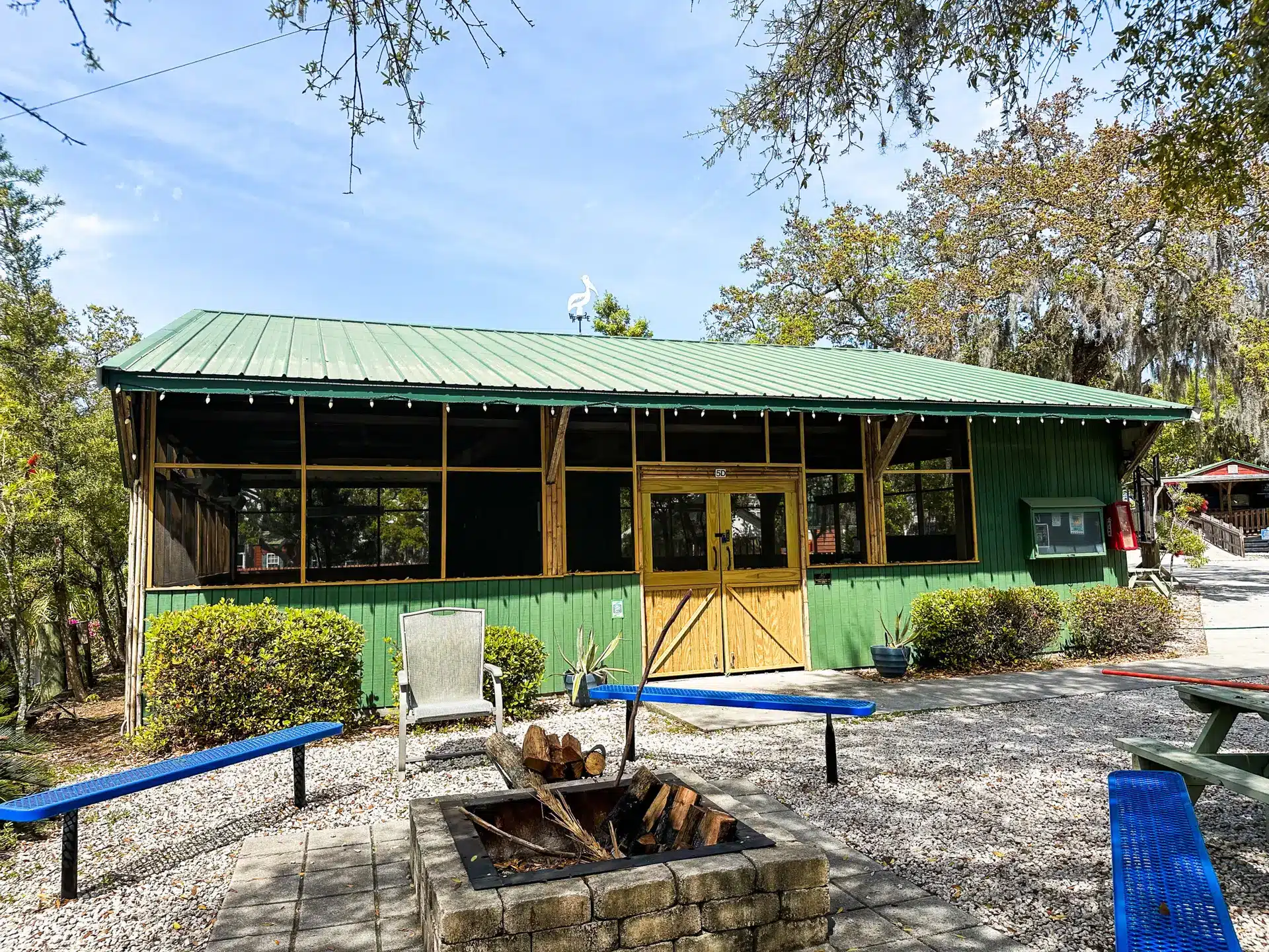 Community pavilion and fire pit at River's End Campground & RV Park