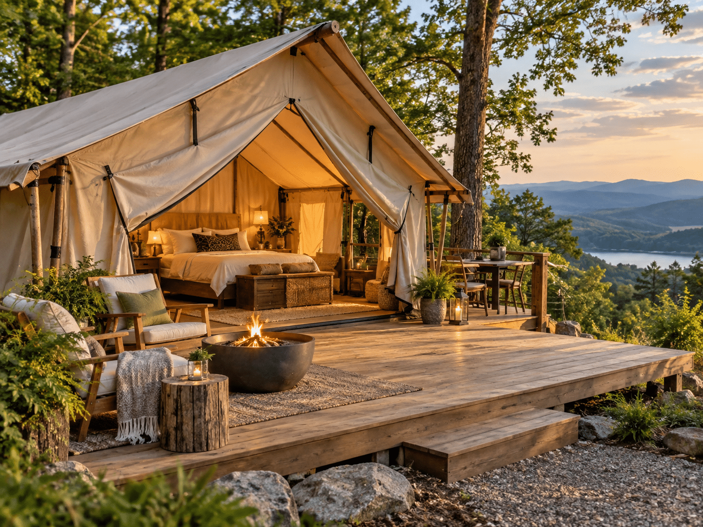 A furnished glamping tent with comfortable outdoor seating