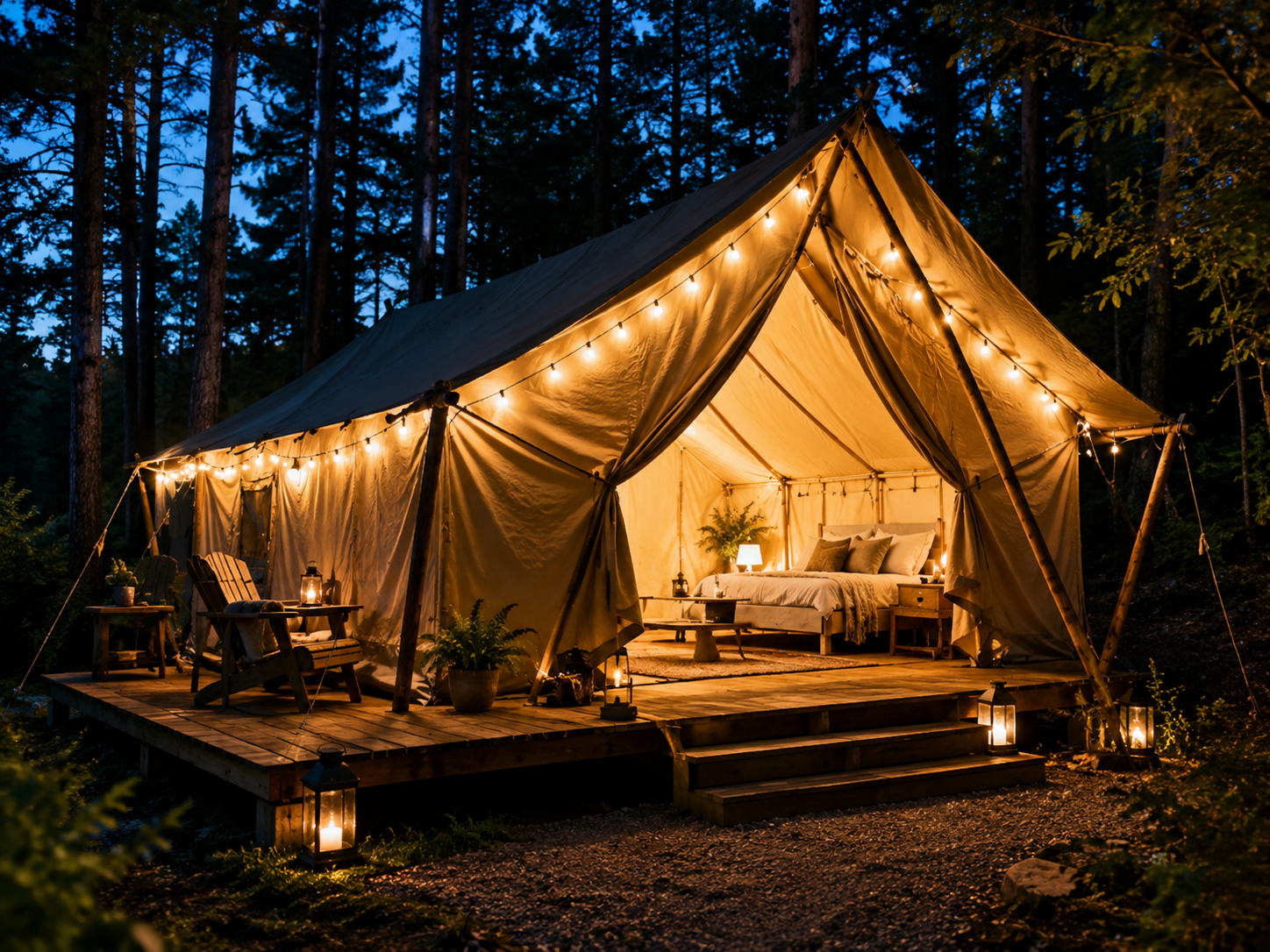 Glamping tent with comfortable furnishings outdoors