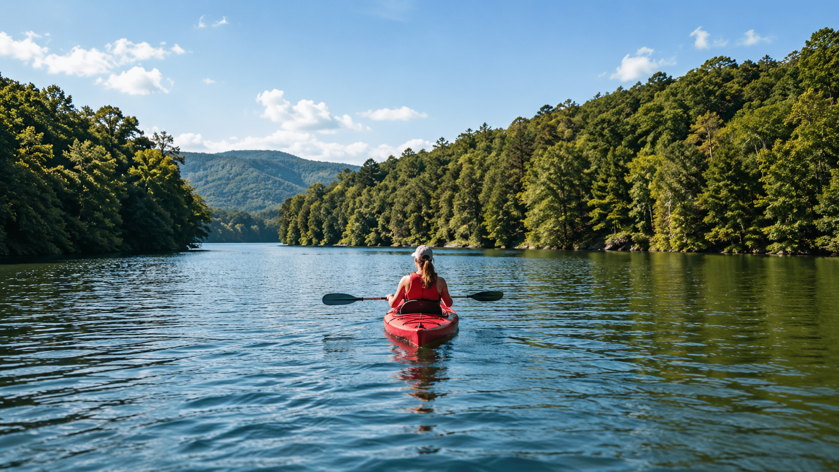 Kayaker paddling a Georgia river representing the Lake & River camping district