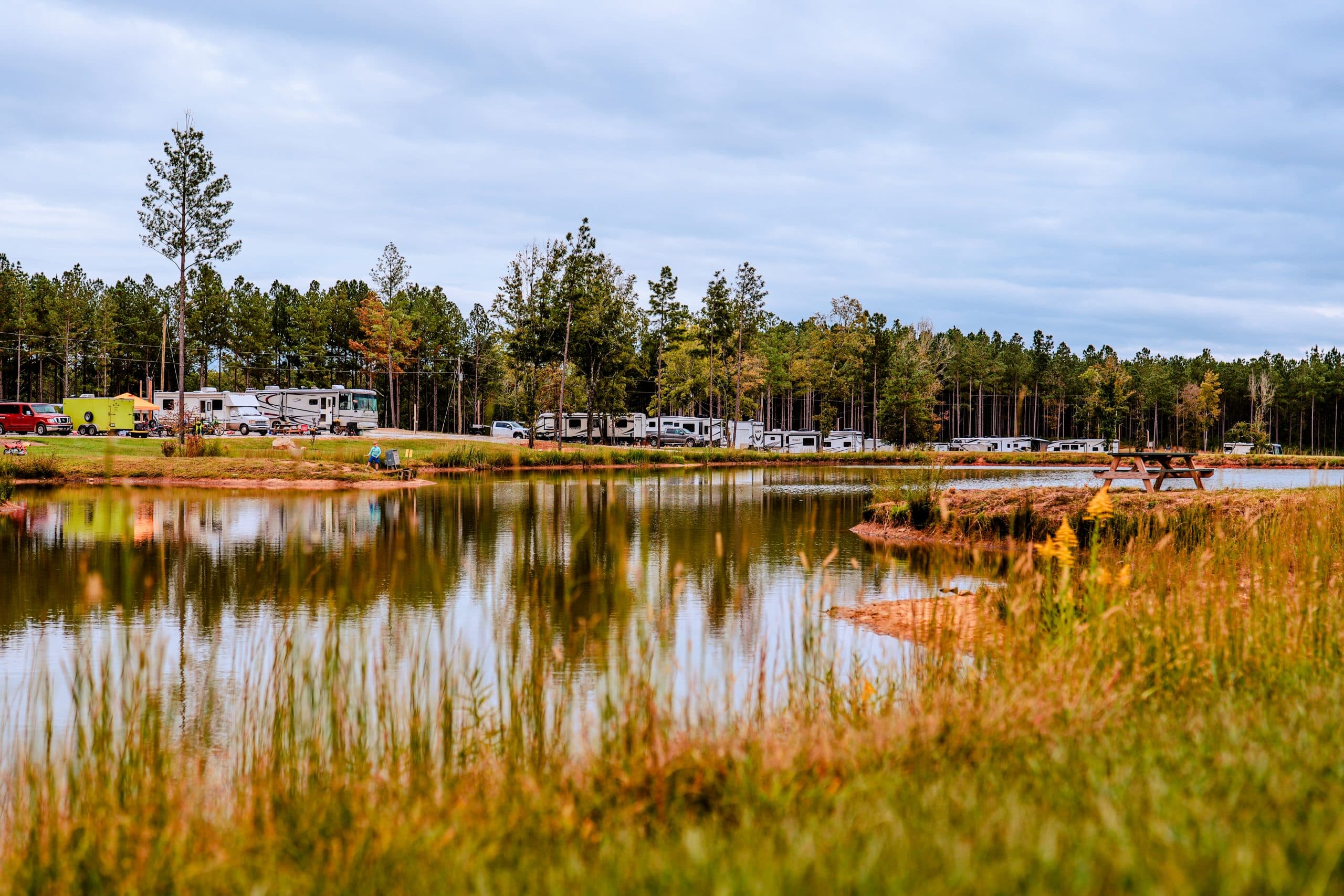 RV campground and pond at Little River RV Park at Durhamtown