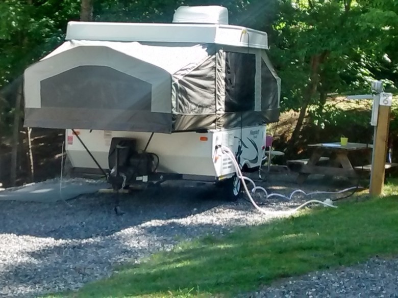 Pop-up camper at Site 6 at Long Ridge Campground