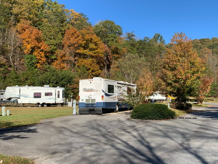RV camping among autumn trees at R-Ranch in the Mountains