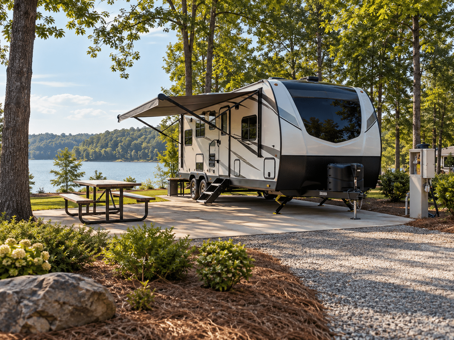A travel trailer parked at a campground site in Georgia