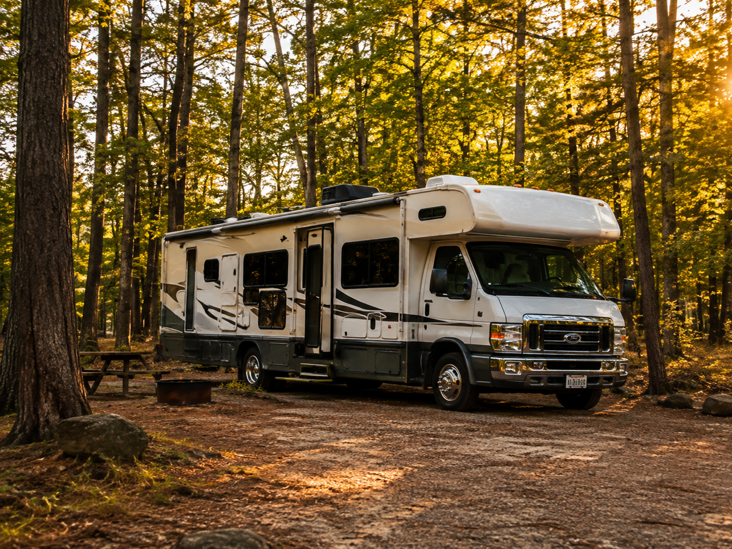 RV parked at a full-hookup campground site in Georgia