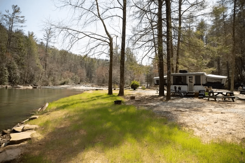RV campsite beside the river at River Falls at the Gorge