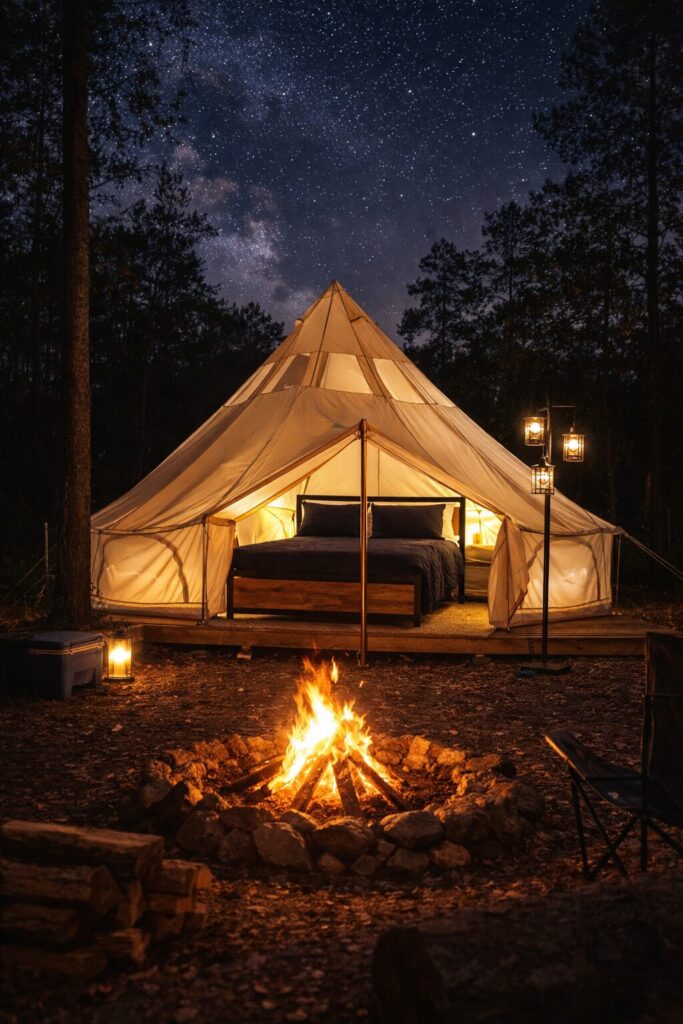 Glamping tent beneath the night sky at Okefenokee Pastimes