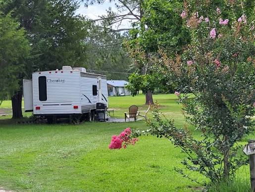 Wooded campground grounds at The Trolley Stop RV Park