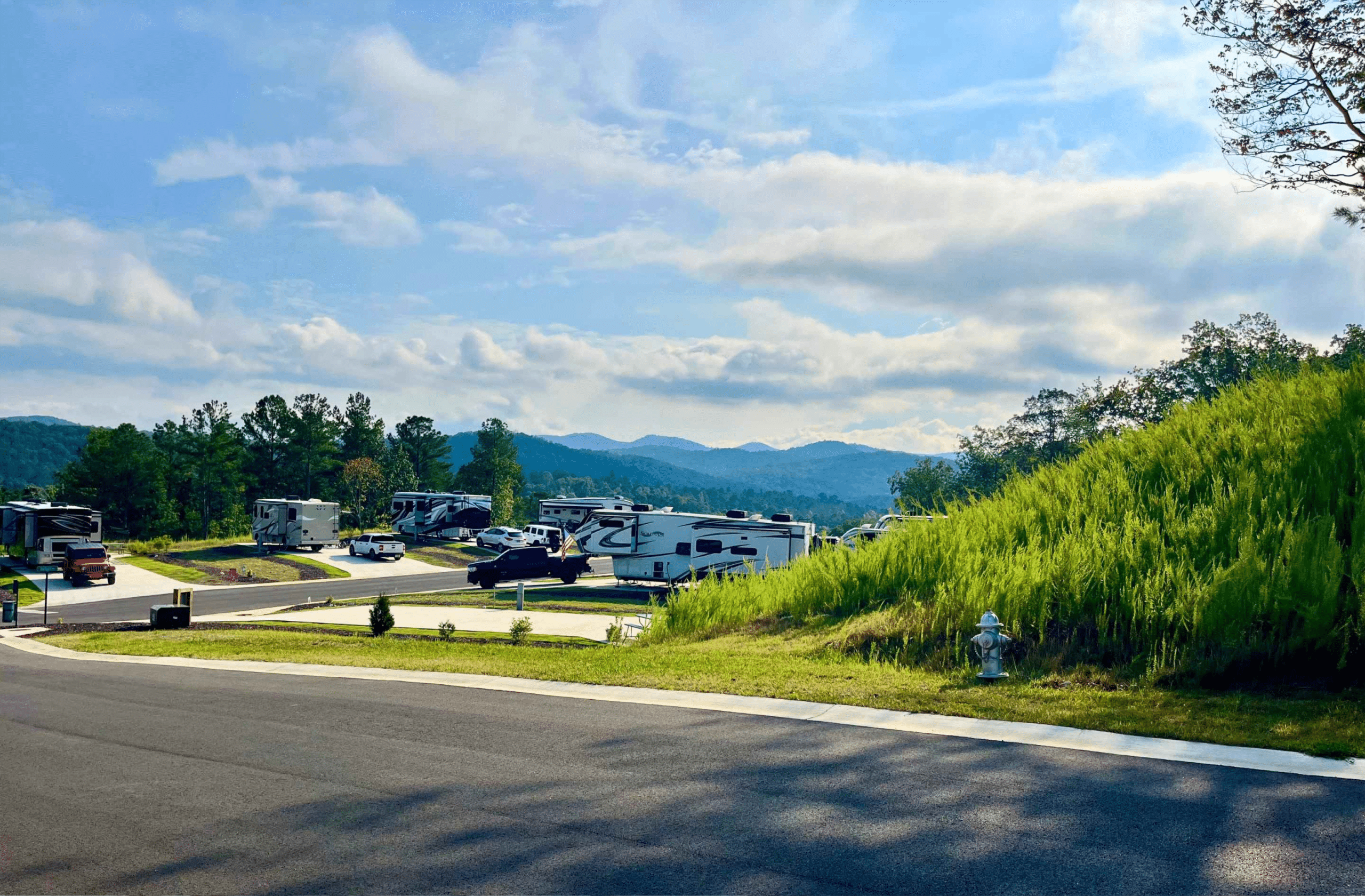 RV sites with mountain views at Talking Rock Motorcoach RV Resort in Talking Rock, Georgia.