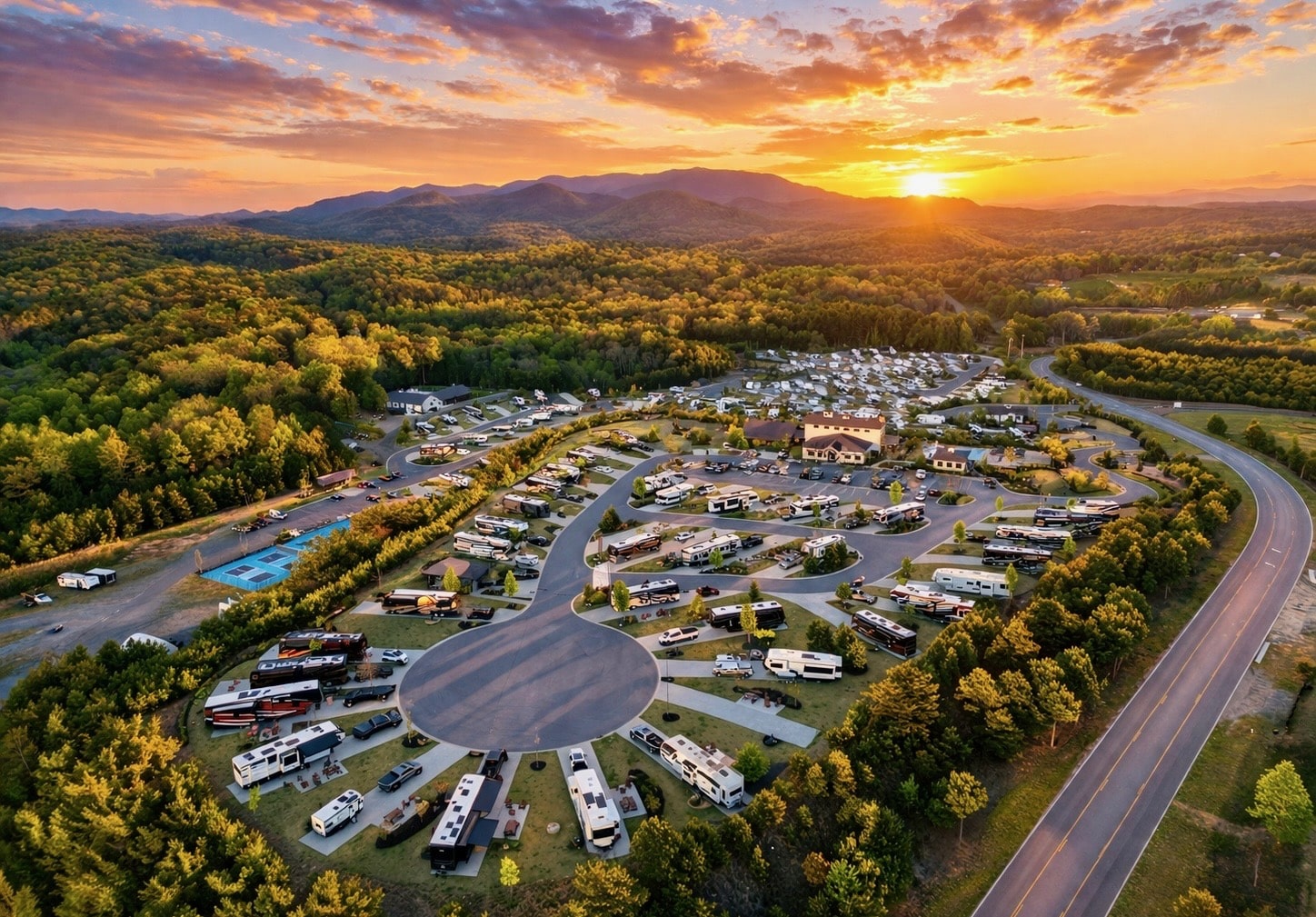 Aerial view of Talona Ridge RV Resort and its terraced camping areas