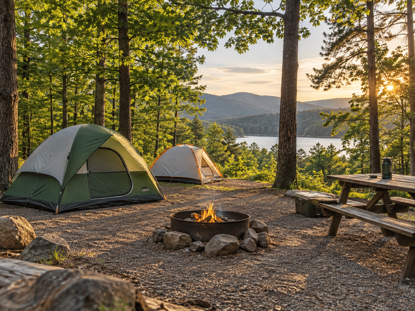 A tent set up at a wooded campsite in Georgia