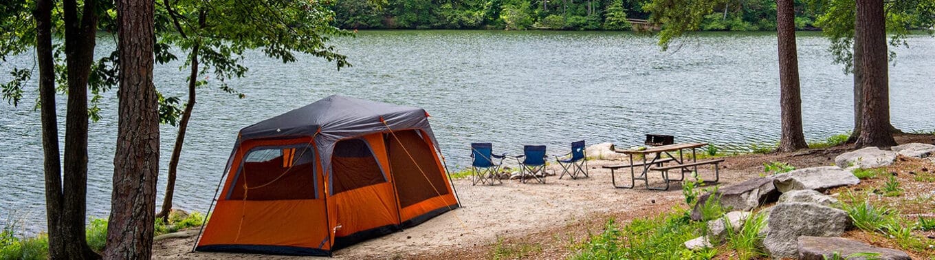 Lakeside tent camping at Stone Mountain Park Campground