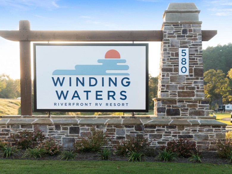 Entrance sign at Winding Waters Riverfront RV Resort in Cartersville, Georgia