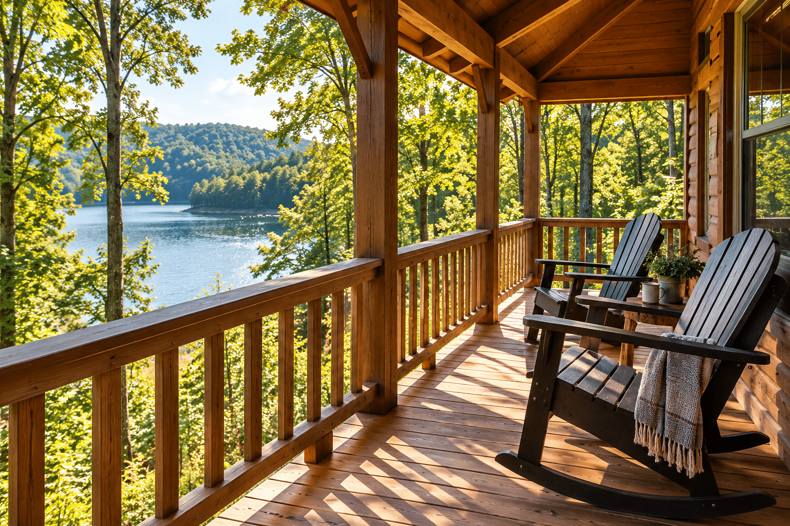 Wooden cabin porch with Adirondack chairs overlooking a wooded lake