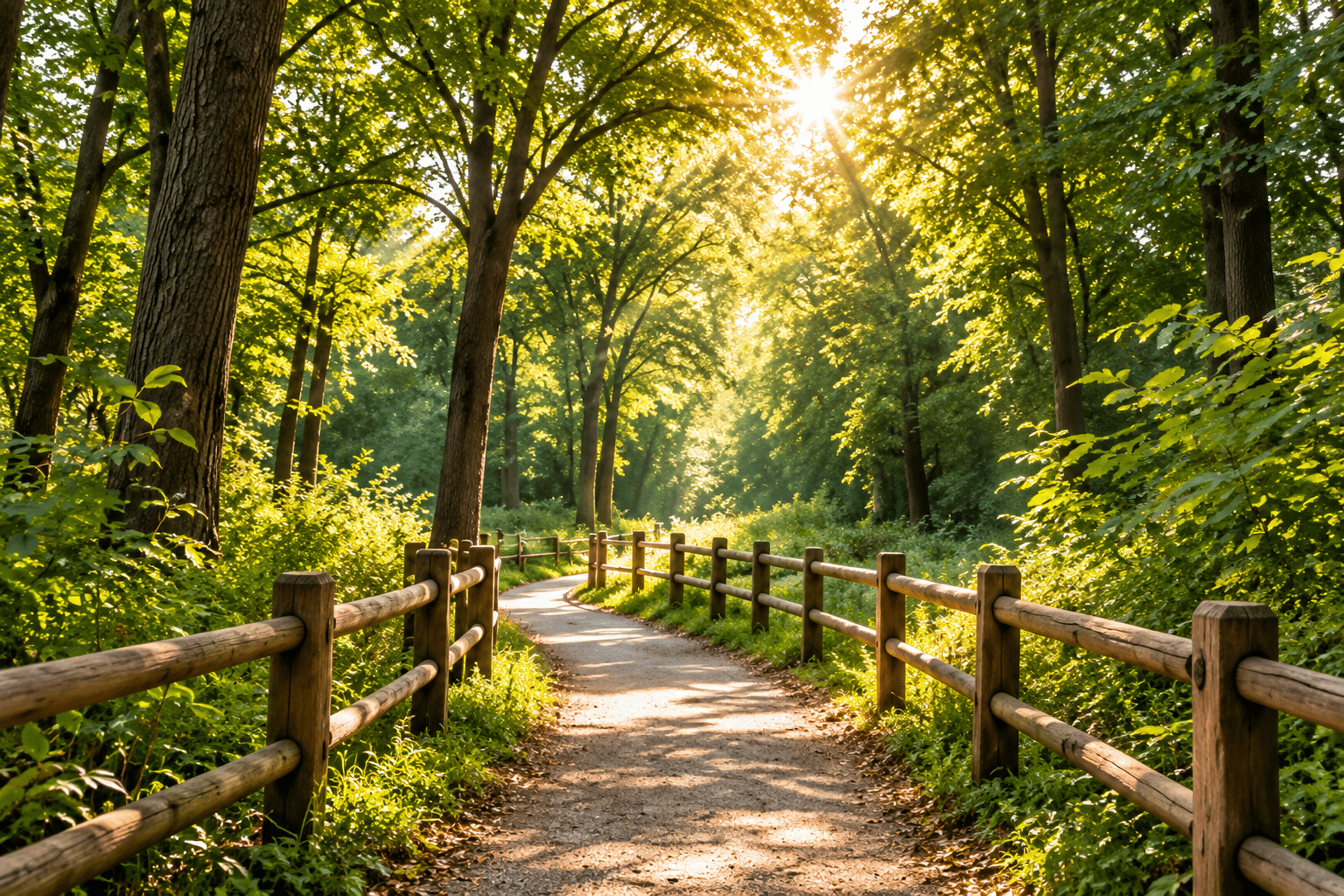 Sunlit forest trail lined with a wooden fence and tall green trees