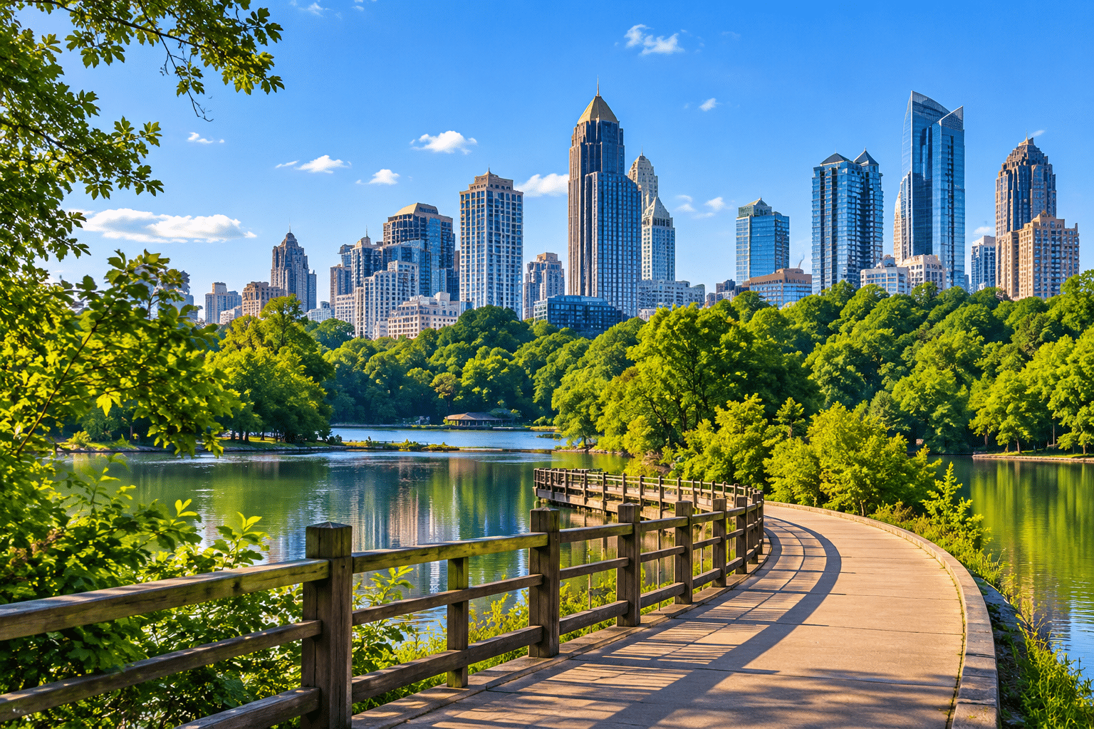 City skyline rising above a lake with a wooden boardwalk and trees in the foreground