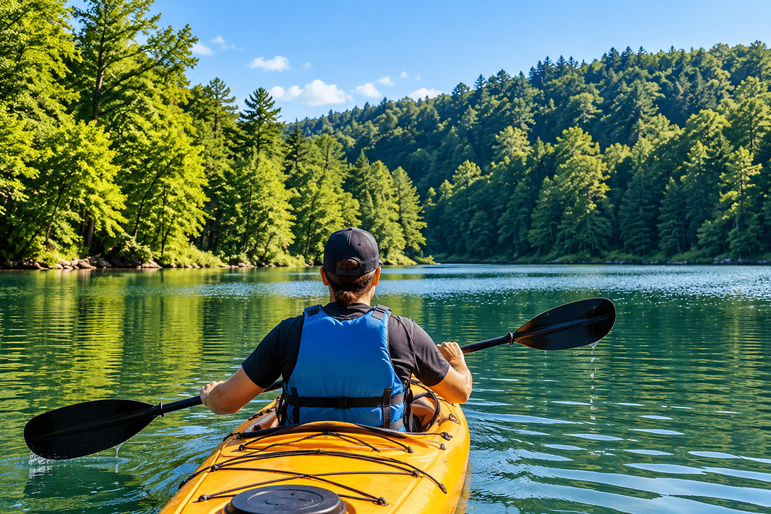 Person paddling a yellow kayak on a calm lake surrounded by green trees