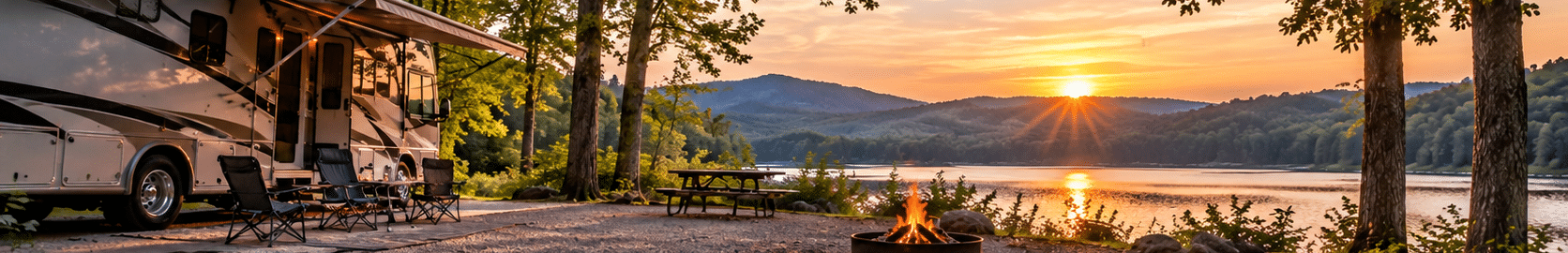 Camp chairs and a campfire beside a Georgia lake at sunset