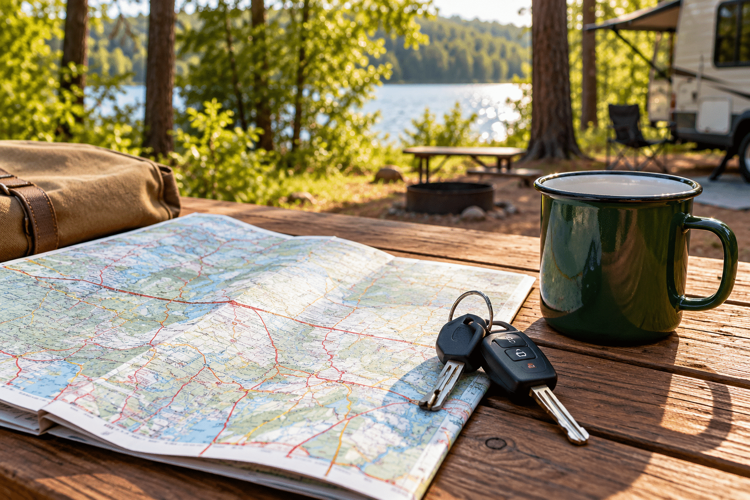 Paper map, car keys, and a green enamel mug on a wooden picnic table