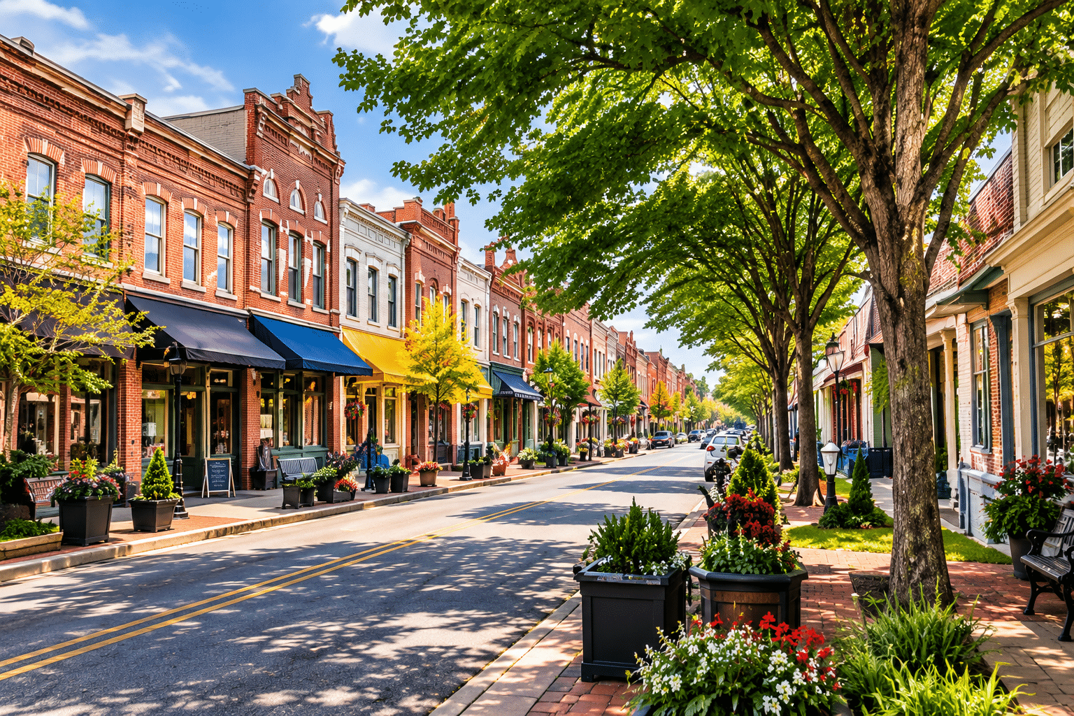 Tree-lined South Georgia downtown street with brick storefronts and awnings