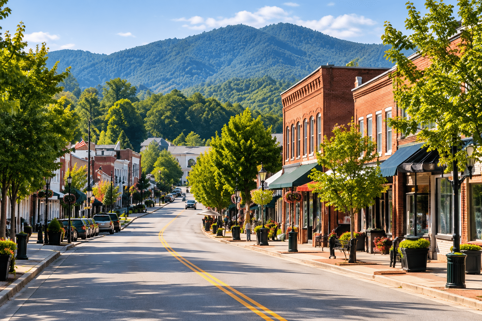 A charming mountain town main street with brick shops and mountains behind