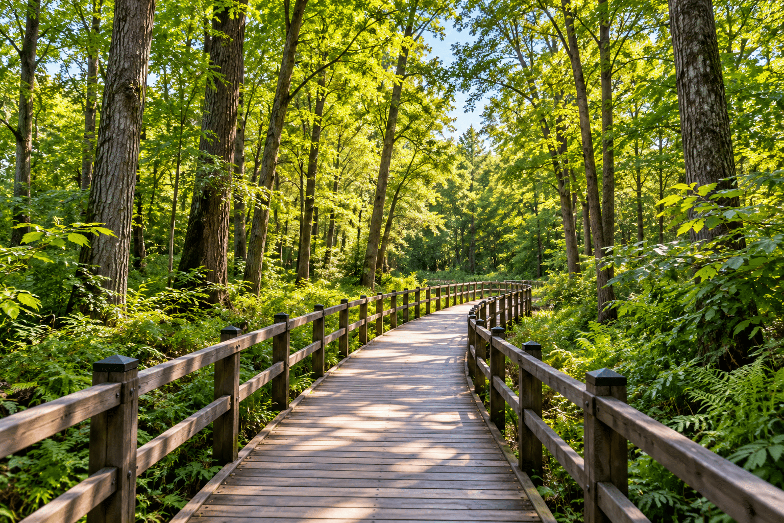 Wooden boardwalk winding through a green forest