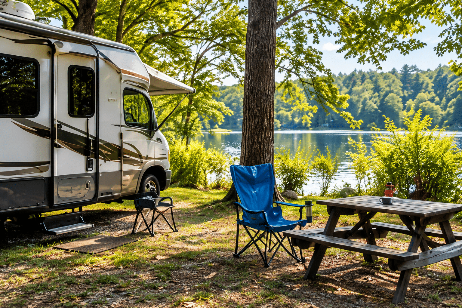 RV parked at a lakeside campsite with a camp chair and picnic table