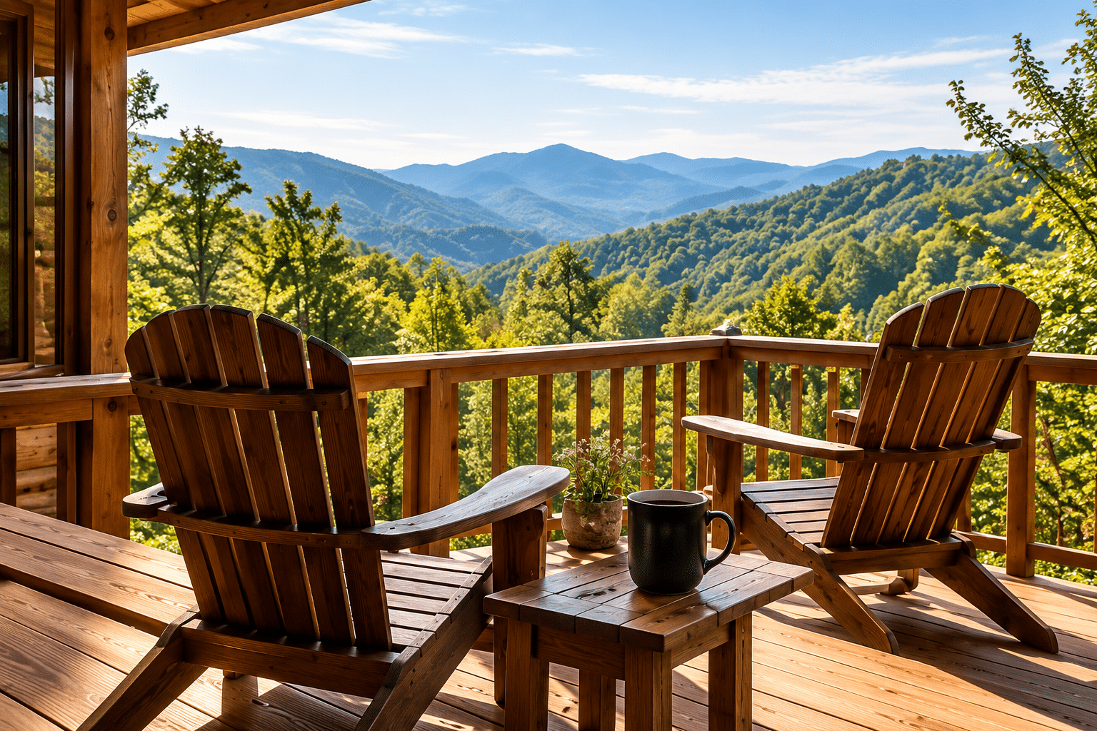 Wooden chairs on a cabin porch overlooking forested mountains