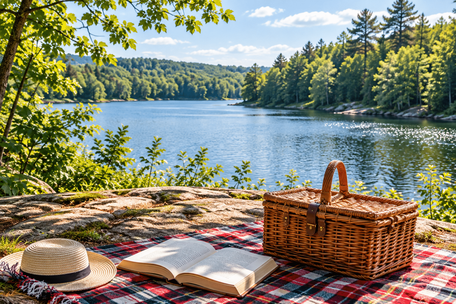 Picnic basket and open book on a checkered blanket beside a quiet lake