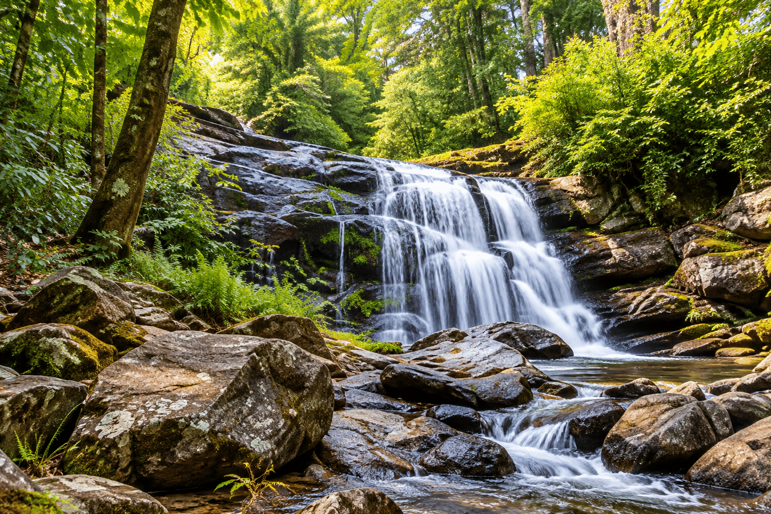 A waterfall flowing over rocks in a green North Georgia forest