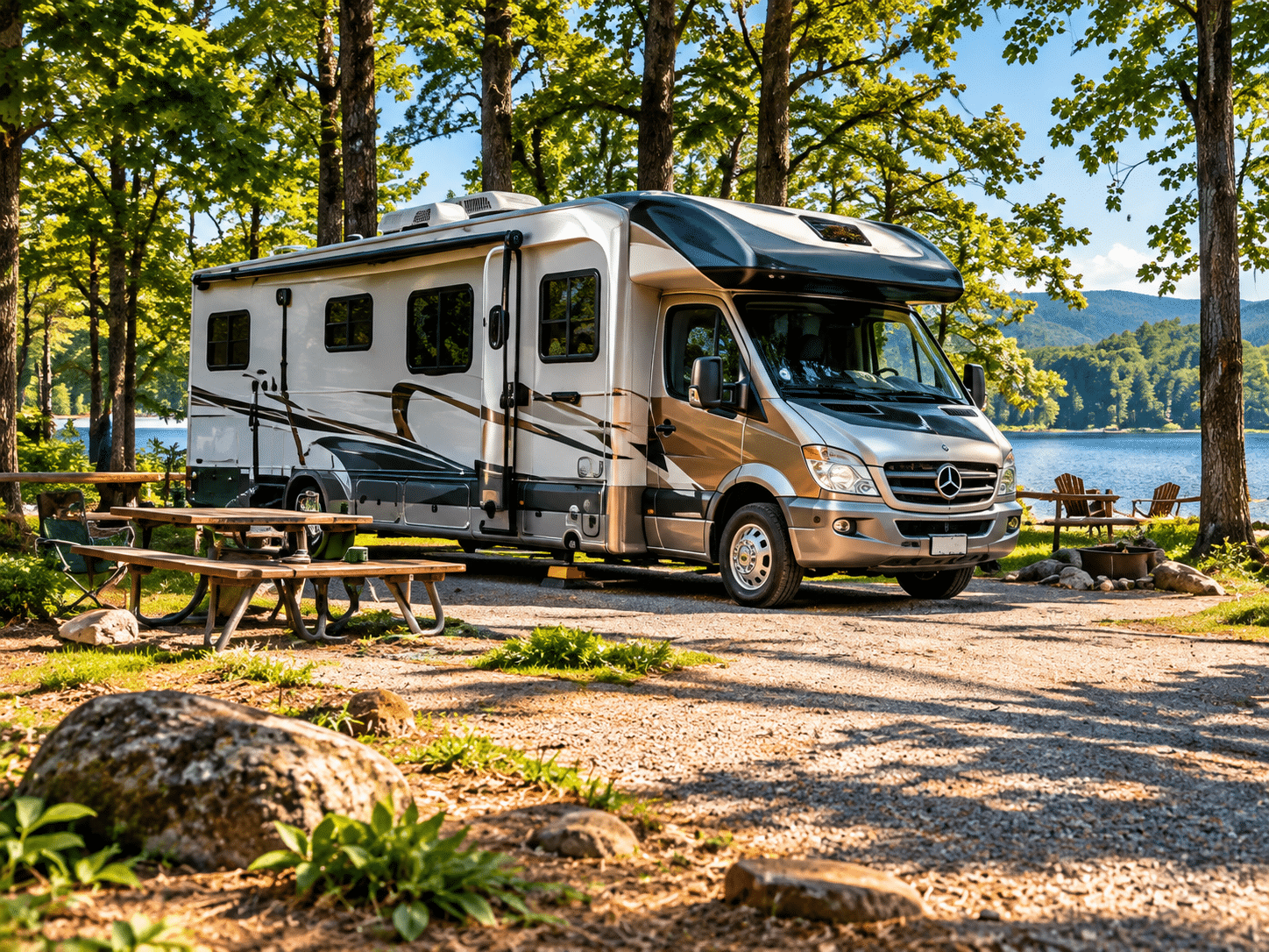 RV parked at a shaded Georgia campsite with an awning and camp chairs