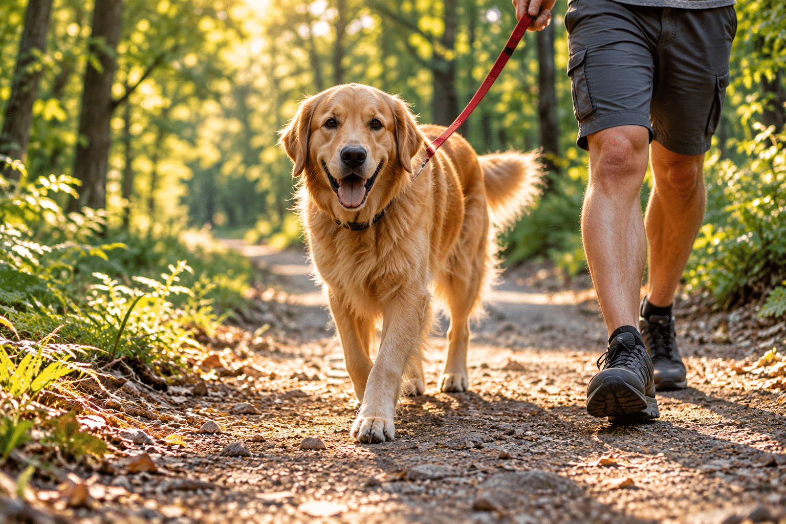 A golden retriever on a leash walking a forest trail with its owner
