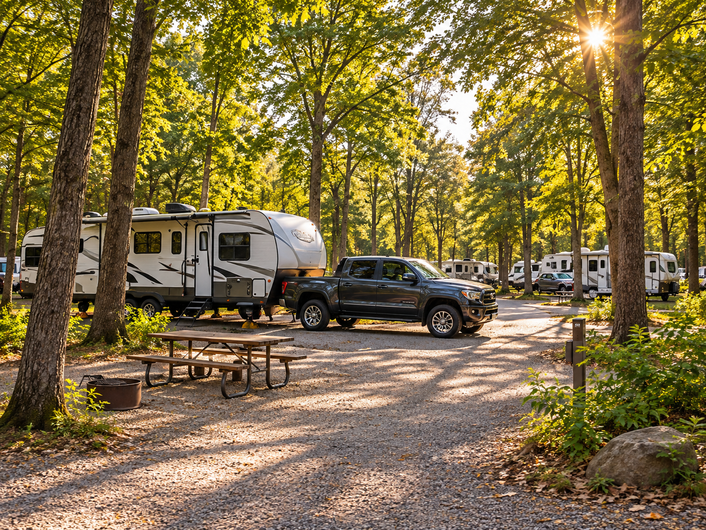RVs and a pickup truck parked beneath tall trees at a Georgia campground with a picnic table in the foreground