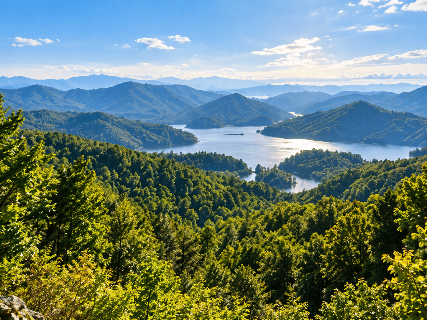 Forested Georgia mountains rolling toward a lake under a blue sky