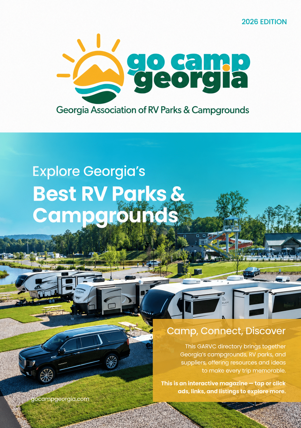 Go Camp Georgia 2026 digital directory cover showing RV parks and campgrounds on a tablet