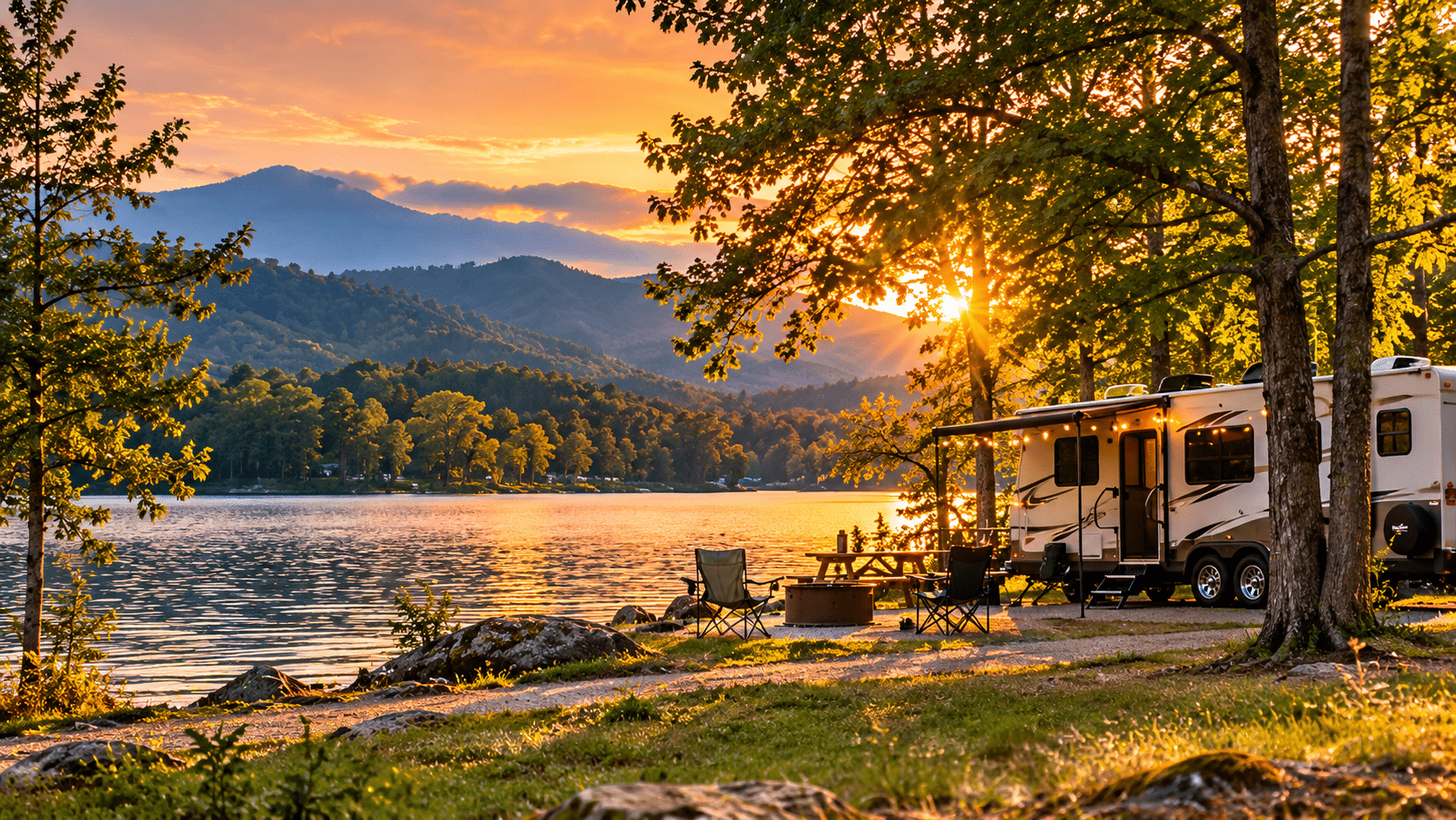 RVs parked beside a lake at sunset in a Georgia campground