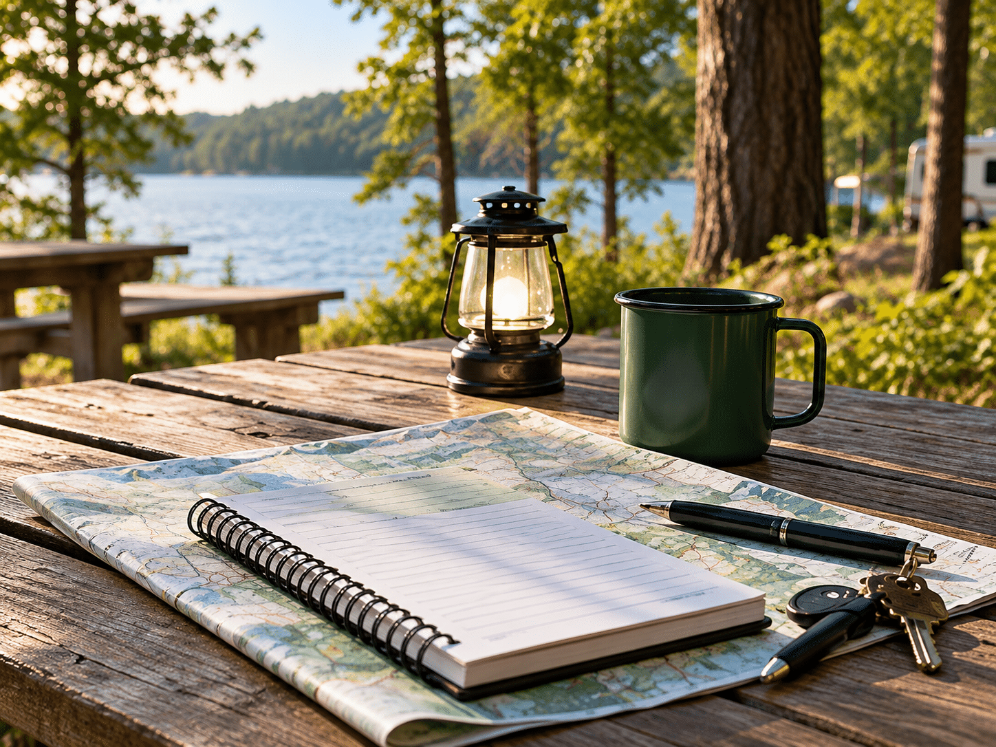 Lantern, green camp mug, notebook, map and keys on a wooden picnic table beside a lake