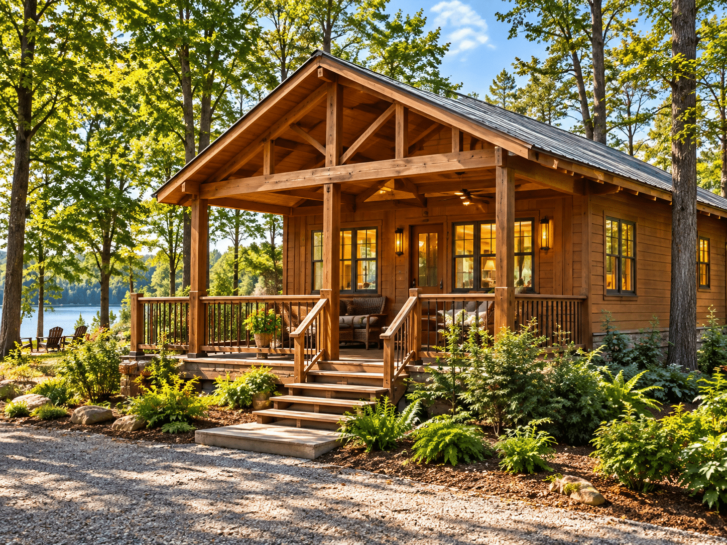 Wooden cabin with a covered porch surrounded by trees