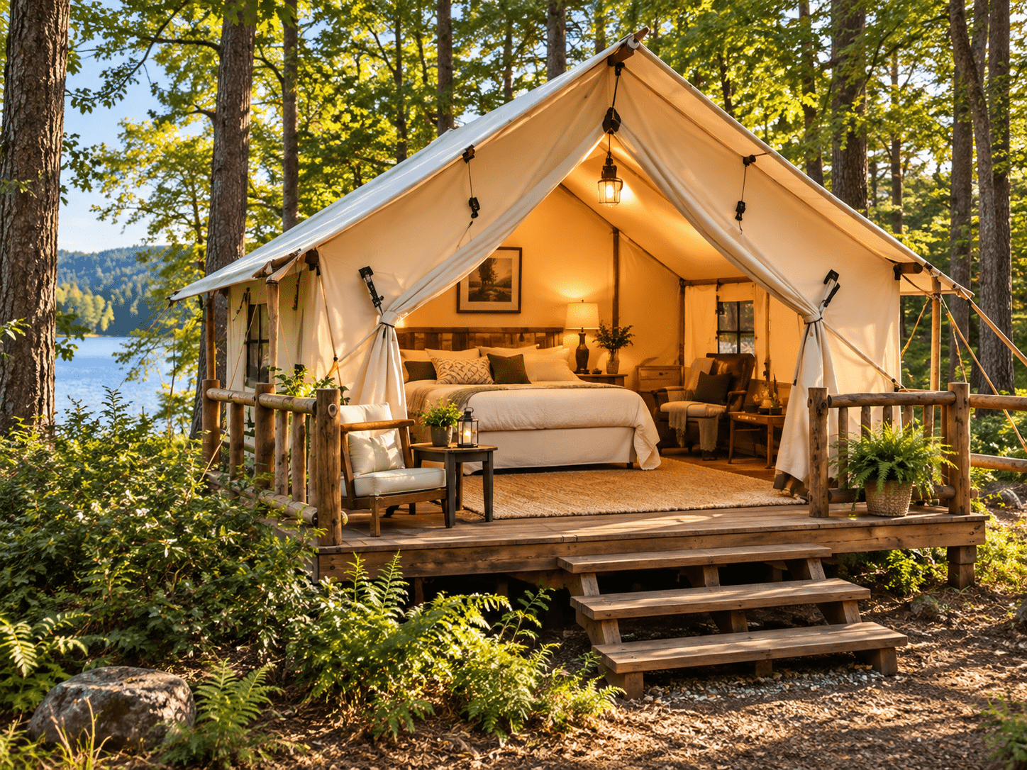 Furnished glamping tent with a deck in a forest setting