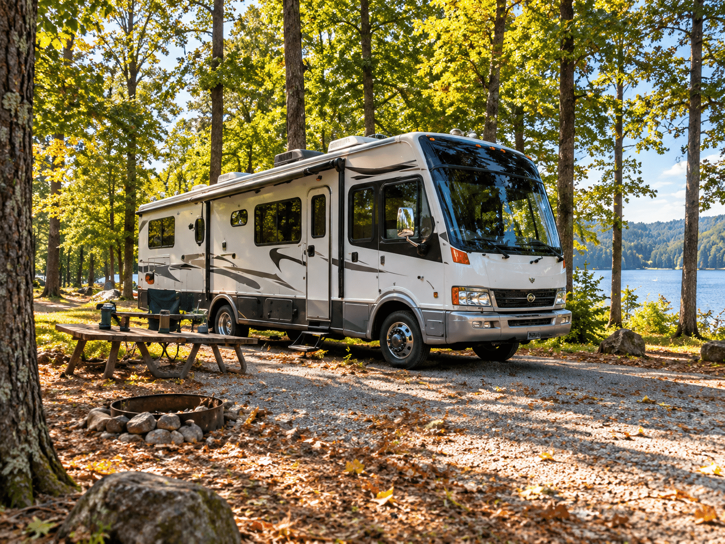 Motorhome parked on a wooded Georgia campground site beside a picnic table