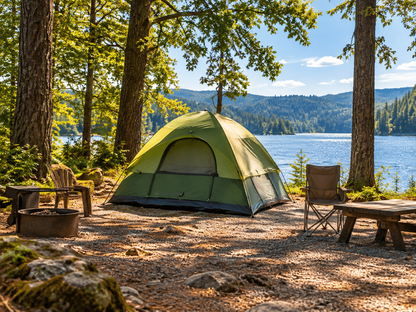 Green dome tent pitched in the trees near a lake