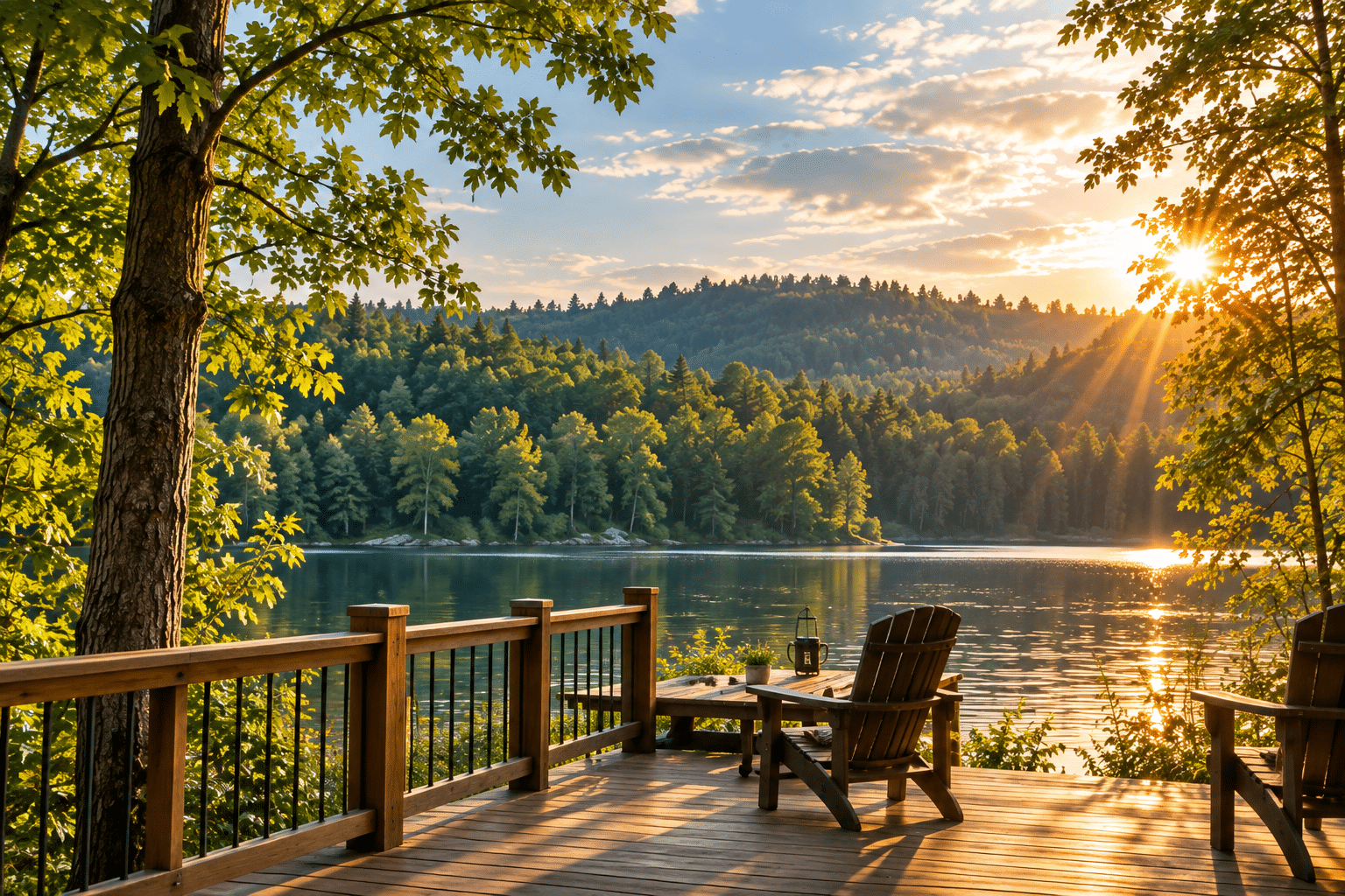 A wooden dock and seating area beside a calm Georgia lake at sunrise