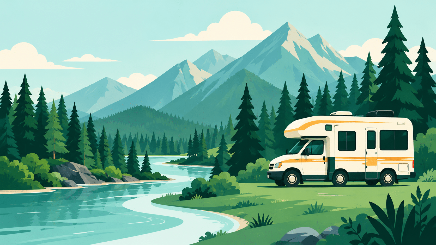 Illustration of an RV driving along a winding road through green mountains and pine trees